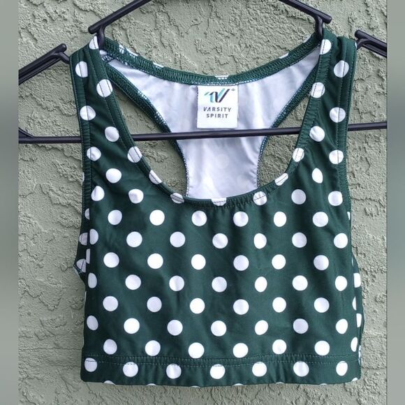 EUC VARSITY SPIRIT Dark Green/ White Polka Dots Crossback Sports Swim Top Size S - Picture 6 of 6